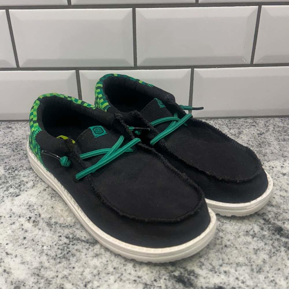 Hey Dude Kids J5 Wally Funky Gaming Black Green Checkered Slip On Loafers